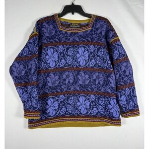 VTG Oleana Wool Sweater Women's Medium Blue Floral Print Pullover Norway Crew